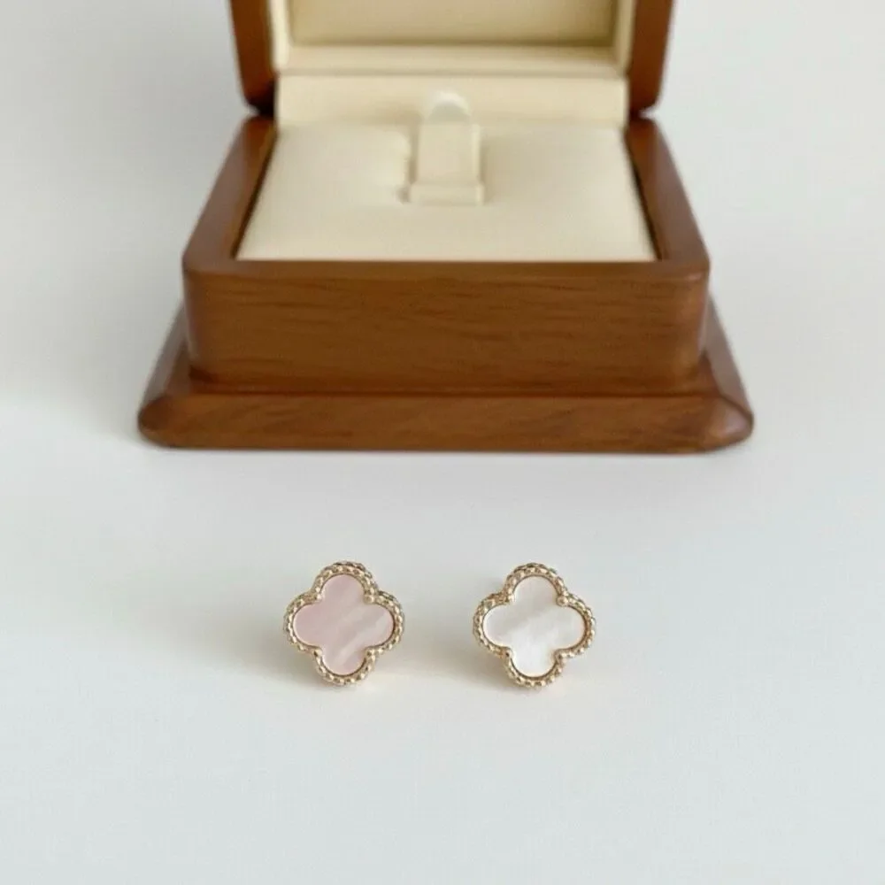 Mother of Pearl Clover Stud Earrings Gold Vermeil Beaded Trim Elegant Gift New